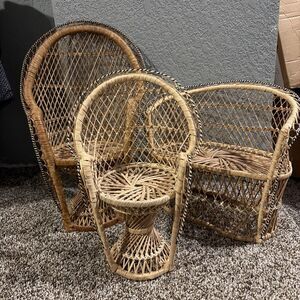 3Vintage Wicker Rattan Doll Chairs Peacock Fan Back 12” 11” 16” BohoPlant Stands